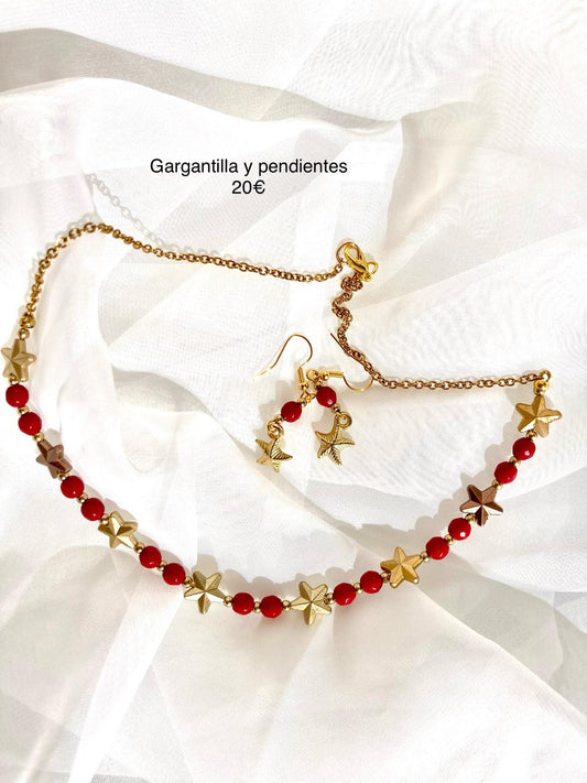 20. Conjunto collar Matiné y pendientes piedras rojo